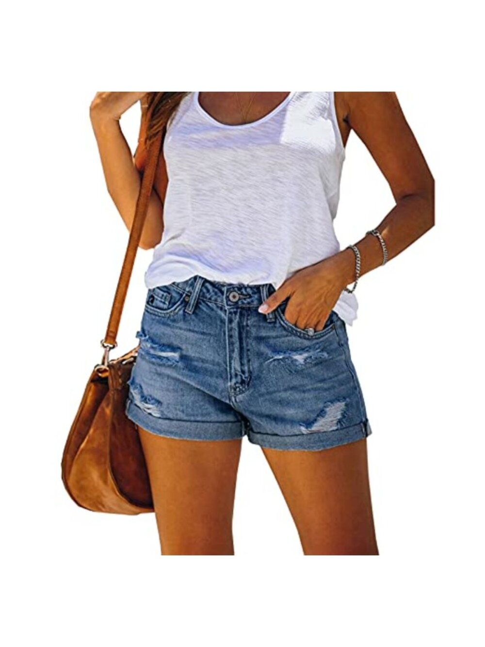 Women's Ripped Denim Shorts Mid Rise Stretchy Folded Hem Jean Shorts